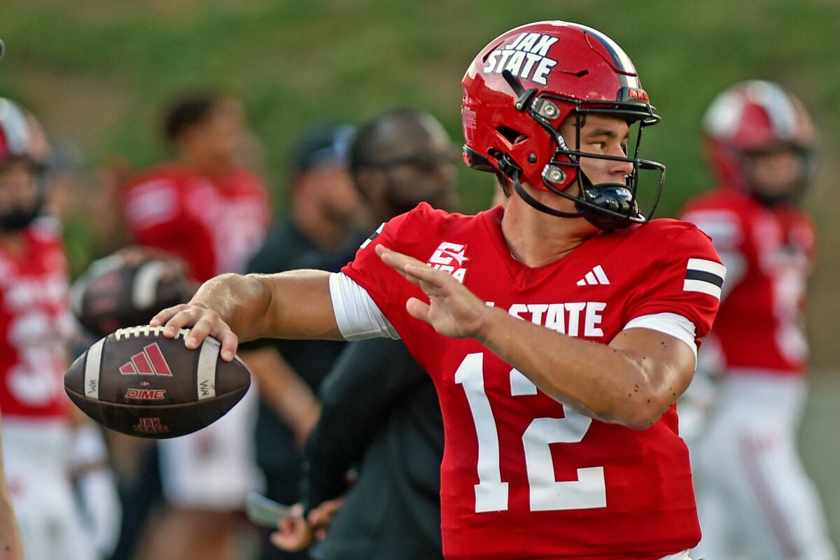 Jax State's Caden Creel makes a pass during pre game activities at AmFirst Stadium in Jacksonville, Alabama September 5, 2026.  (Dave Hyatt / Hyatt Media LLC)