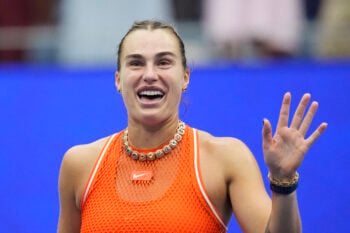 Tennis - U.S. Open - Flushing Meadows, New York, United States - September 6, 2026 Belarus' Aryna Sabalenka celebrates after winning her round of 16 match against Taylor Townsend of the U.S. REUTERS/Eduardo Munoz