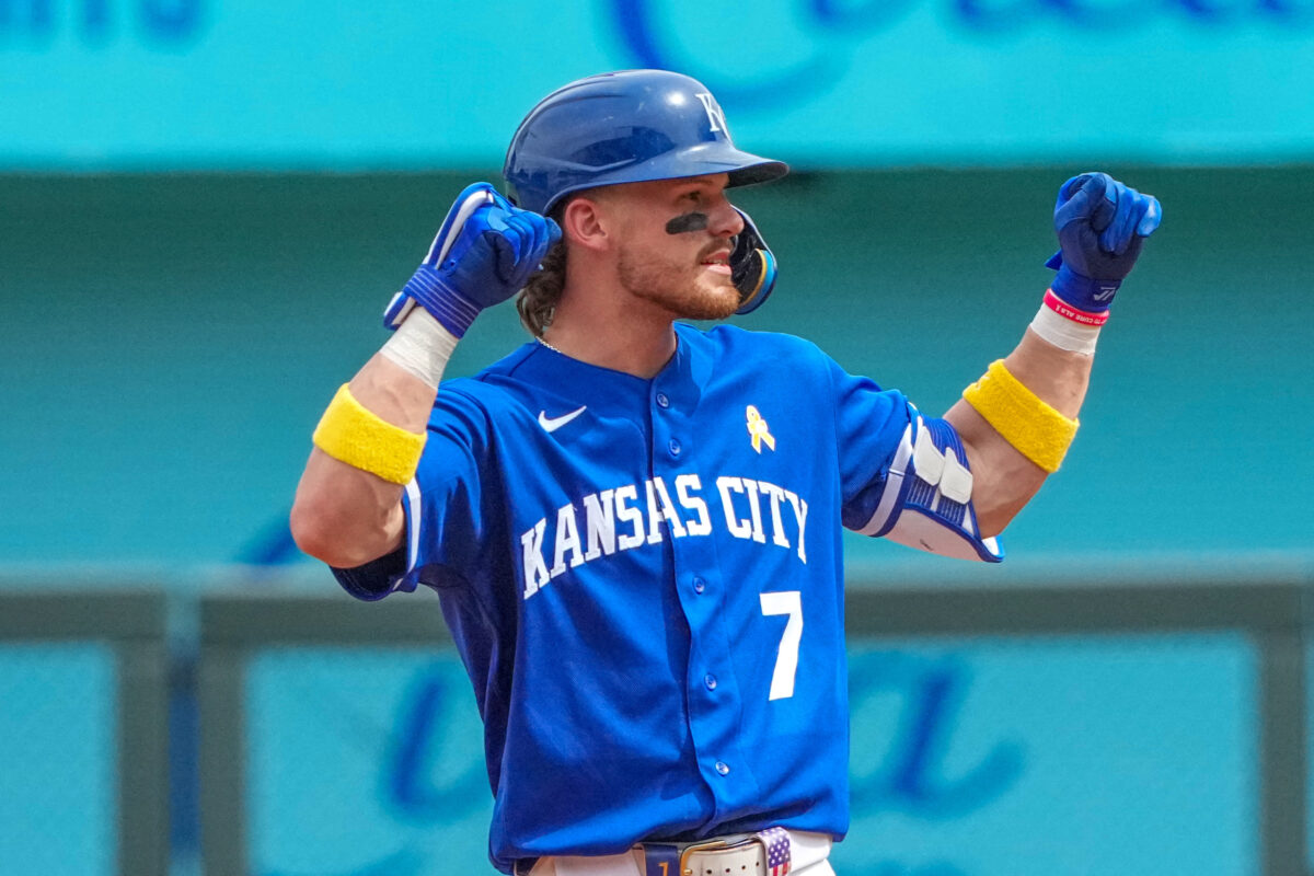 Sep 6, 2026; Kansas City, Missouri, USA; Kansas City Royals shortstop Bobby Witt Jr. (7) celebrates on second base against the Toronto Blue Jays after hitting a double during the third inning at Kauffman Stadium. Mandatory Credit: Denny Medley-Imagn Images