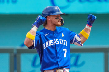 Sep 6, 2026; Kansas City, Missouri, USA; Kansas City Royals shortstop Bobby Witt Jr. (7) celebrates on second base against the Toronto Blue Jays after hitting a double during the third inning at Kauffman Stadium. Mandatory Credit: Denny Medley-Imagn Images