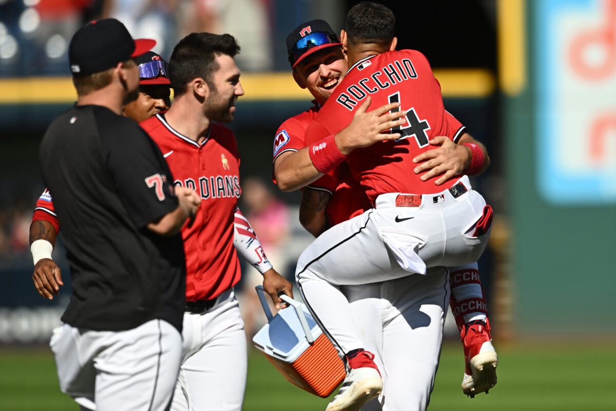 Sep 6, 2026; Cleveland, Ohio, USA; Cleveland Guardians shortstop Brayan Rocchio (4) celebrates with first baseman Nathaniel Lowe (46) after center fielder Daniel Schneemann (not pictured) hit a game-wining RBI single during the tenth inning against the Detroit Tigers at Progressive Field. Mandatory Credit: Ken Blaze-Imagn Images