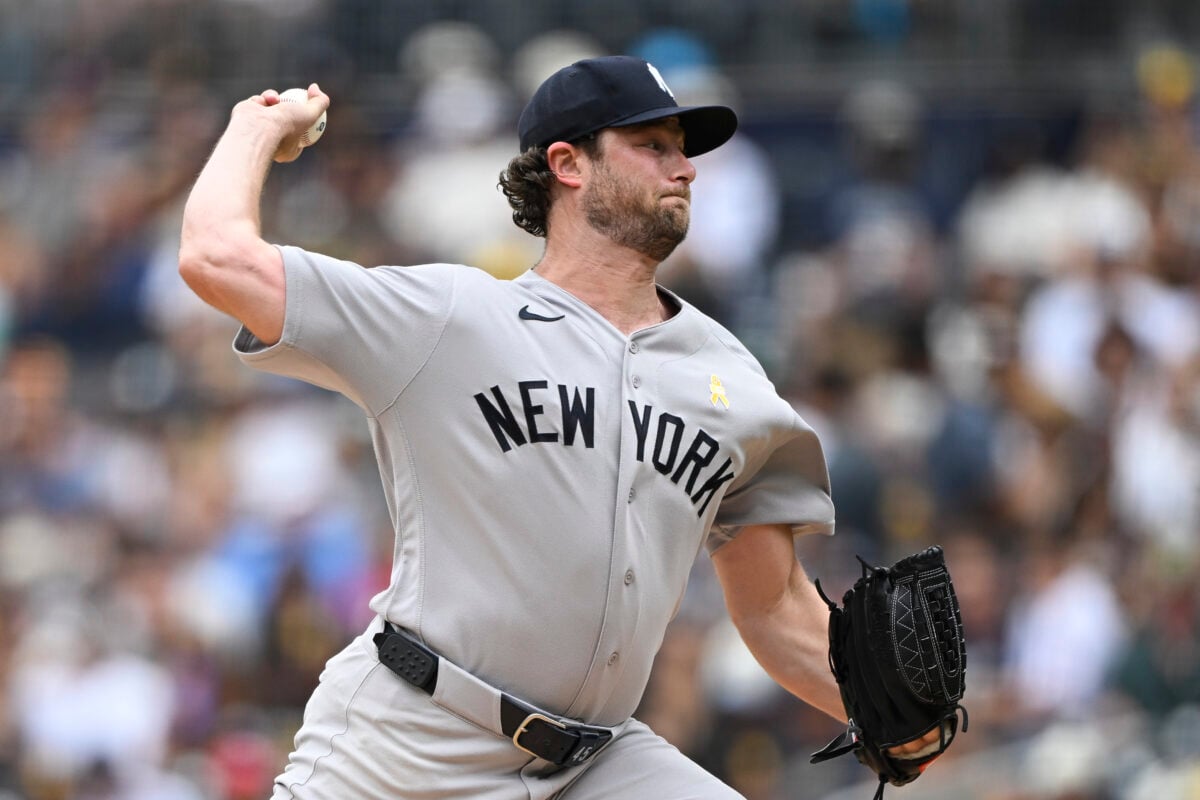 Sep 6, 2026; San Diego, California, USA;  New York Yankees pitcher Gerrit Cole (45) pitches against the San Diego Padres during the first inning at Petco Park.  Mandatory Credit: Denis Poroy-Imagn Images