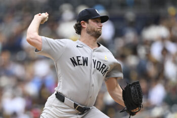 Sep 6, 2026; San Diego, California, USA;  New York Yankees pitcher Gerrit Cole (45) pitches against the San Diego Padres during the first inning at Petco Park.  Mandatory Credit: Denis Poroy-Imagn Images