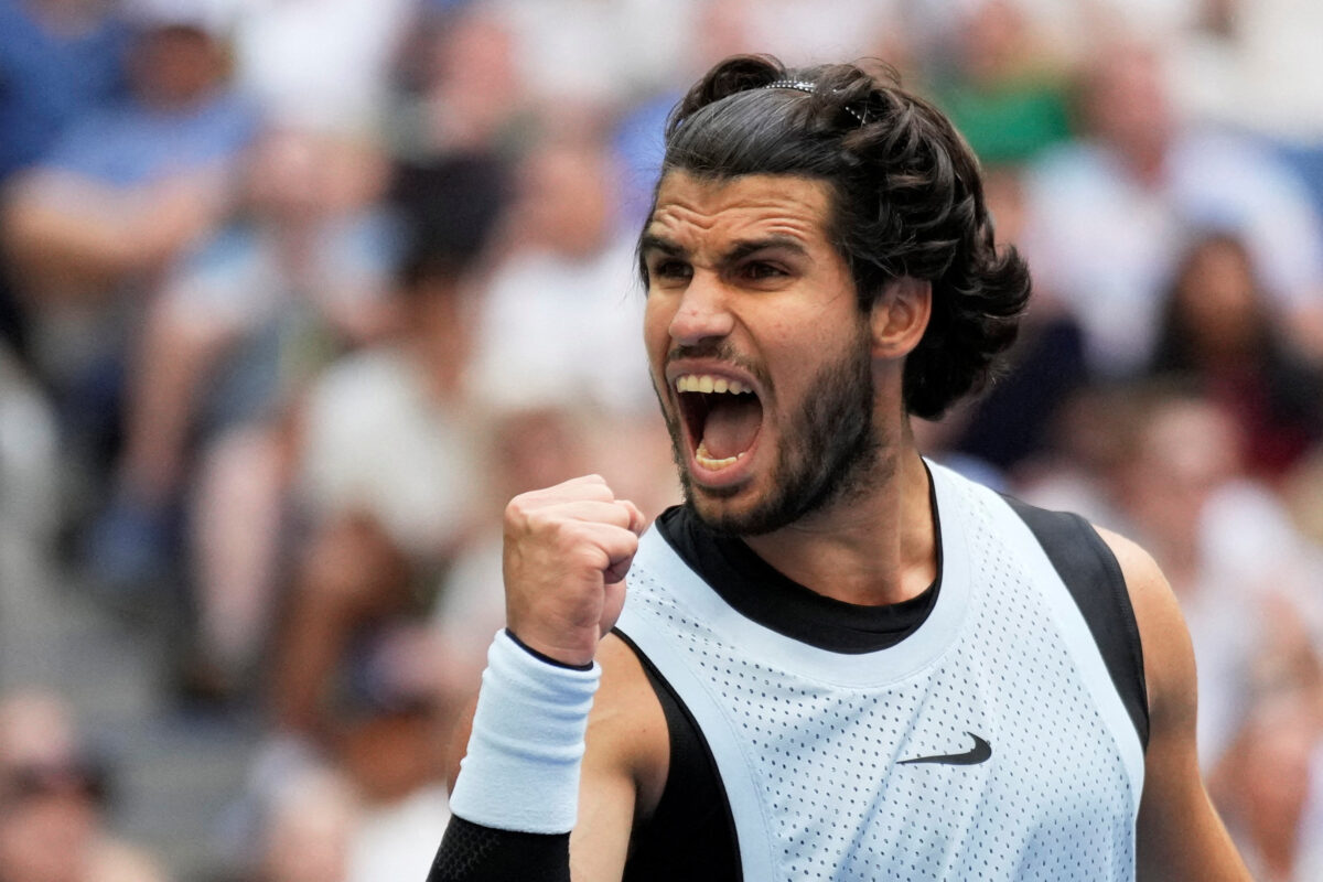 Tennis - U.S. Open - Flushing Meadows, New York, United States - September 6, 2026 Spain's Carlos Alcaraz celebrates winning his round of 16 match against Tommy Paul of the U.S. REUTERS/Eduardo Munoz TPX IMAGES OF THE DAY
