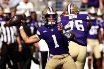 Sep 6, 2026; Seattle, Washington, USA;  Washington Huskies quarterback Demond Williams Jr. (1) throws a pass against the Washington State Cougars during the third quarter at Husky Stadium.  Mandatory Credit: Joe Nicholson-Imagn Images