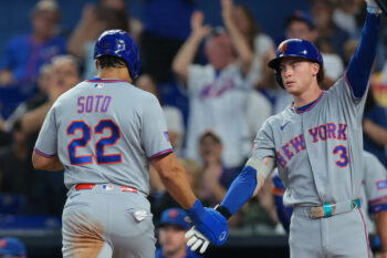Sep 7, 2026; Miami, Florida, USA; New York Mets left fielder Juan Soto (22) celebrates with right fielder Carson Benge (3) after scoring against the Miami Marlins during the first inning at loanDepot Park. Mandatory Credit: Sam Navarro-Imagn Images