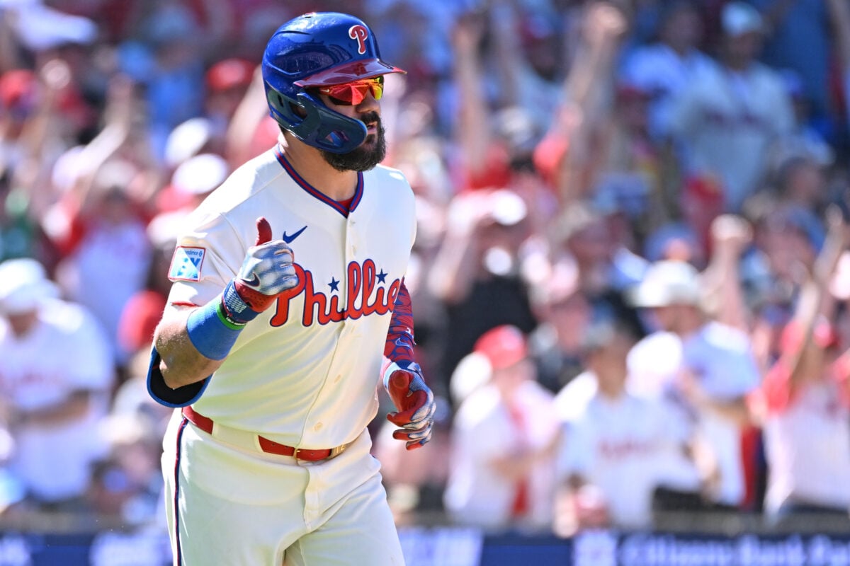 Sep 7, 2026; Philadelphia, Pennsylvania, USA; Philadelphia Phillies designated hitter Kyle Schwarber (12) reacts after hitting a home run during the eighth inning against the Atlanta Braves at Citizens Bank Park. Mandatory Credit: Eric Hartline-Imagn Images