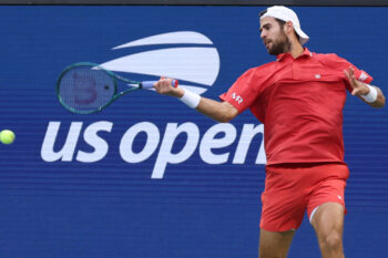 Tennis - U.S. Open - Flushing Meadows, New York, United States - September 7, 2026 Russia's Karen Khachanov in action during his round of 16 match against Learner Tien of the U.S. IMAGN IMAGES via Reuters/Geoff Burke