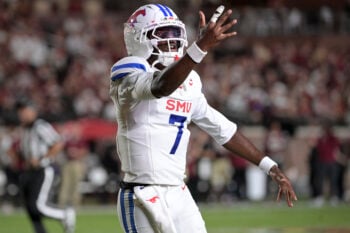 Sep 7, 2026; Tallahassee, Florida, USA;  Southern Methodist Mustangs quarterback Kevin Jennings (7) reacts during the first half against the Florida State Seminoles at Doak S. Campbell Stadium.  Mandatory Credit: Melina Myers-Imagn Images