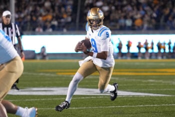 Sep 5, 2026; Berkeley, California, USA; UCLA Bruins quarterback Nico Iamaleava (9) rushes for a touchdown against the California Golden Bears during the first quarter at California Memorial Stadium. Mandatory Credit: Darren Yamashita-Imagn Images