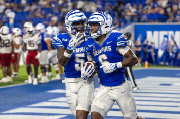 Sep 5, 2026; Memphis, Tennessee, USA; Memphis Tigers wide receiver Stonka Burnside (5) and running back Jaylin Carter (6) react after a touchdown against Arkansas State during the second half at Simmons Bank Liberty Stadium. Mandatory Credit: Wesley Hale-Imagn Images