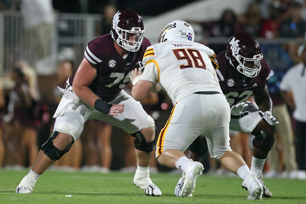 Sep 5, 2026; Starkville, Mississippi, USA; Mississippi State Bulldogs offensive lineman Isaiah Dent (75) and offensive lineman Jamari Freeman (62) block Louisiana Monroe Warhawks defensive lineman Colton Vatne (98) during the third quarter at Davis Wade Stadium at Scott Field. Mandatory Credit: Petre Thomas-Imagn Images