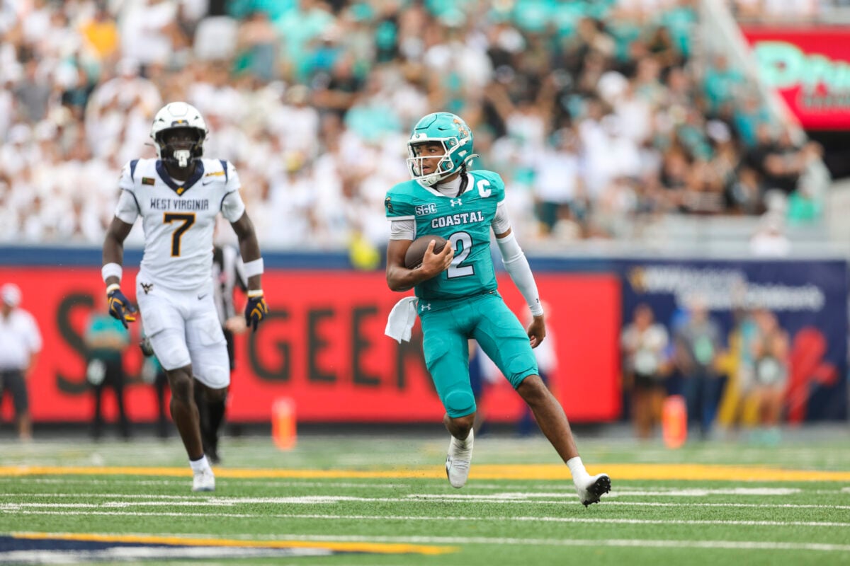 Sep 5, 2026; Morgantown, West Virginia, USA; Coastal Carolina Chanticleers quarterback Deuce Bailey (2) runs the ball during the third quarter against the West Virginia Mountaineers at Milan Puskar Stadium. Mandatory Credit: Ben Queen-Imagn Images
