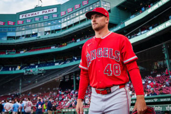 Sep 8, 2026; Boston, Massachusetts, USA; Los Angeles Angels pitcher Reid Detmers (48) walks to the bullpen before the start of the game against the Boston Red Sox at Fenway Park. Mandatory Credit: David Butler II-Imagn Images