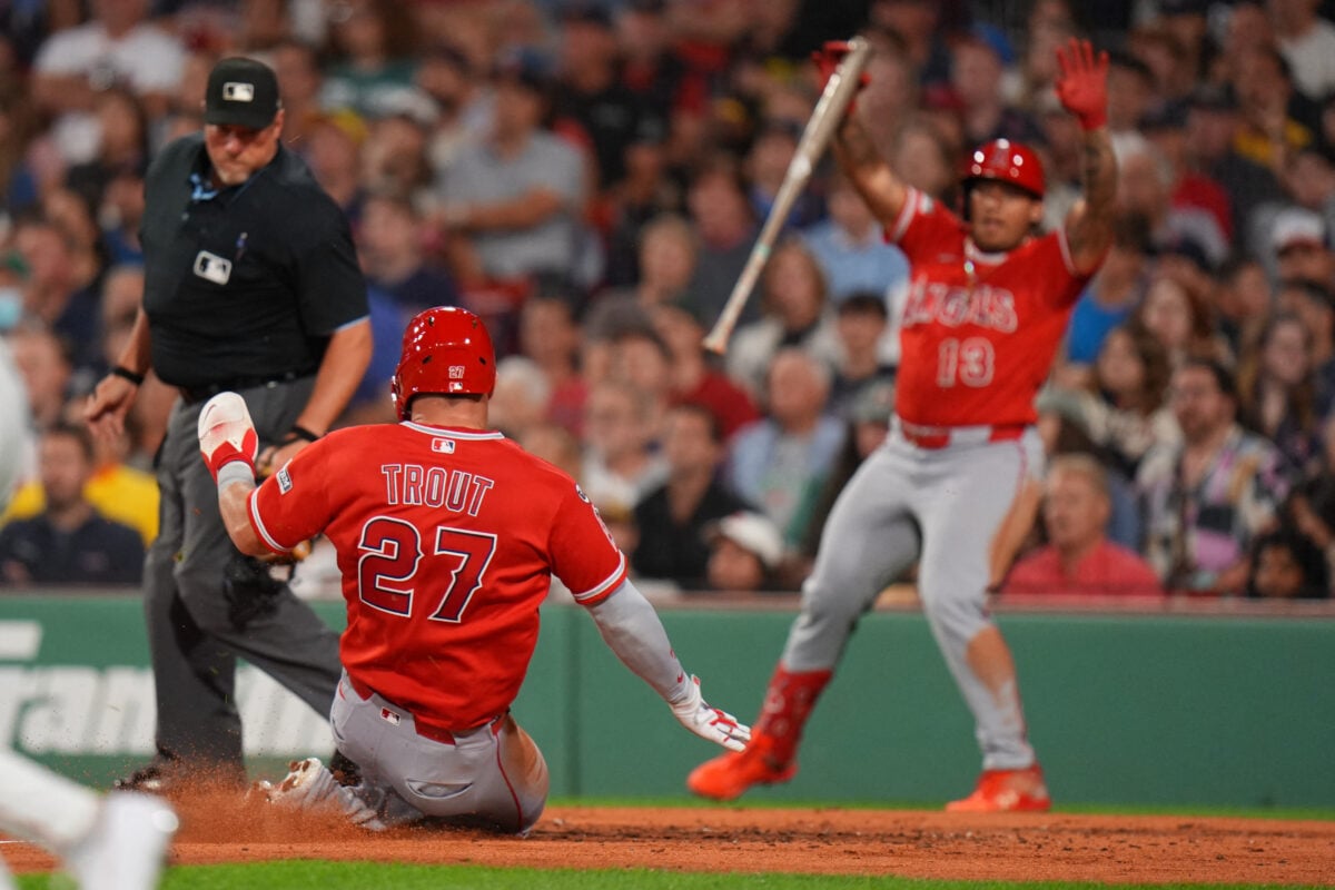 Sep 8, 2026; Boston, Massachusetts, USA; Los Angeles Angels center fielder Mike Trout (27) scores against the Boston Red Sox in the third inning at Fenway Park. Mandatory Credit: David Butler II-Imagn Images