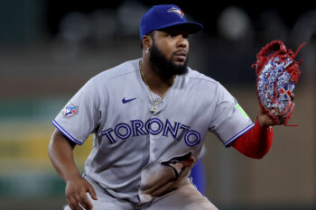 Sep 8, 2026; West Sacramento, California, USA;  Toronto Blue Jays first baseman Vladimir Guerrero Jr. (27) catches a line drive against Athletics left fielder Carlos Cortes (not pictured) during the ninth inning at Sutter Health Park.  Mandatory Credit: Dennis Lee-Imagn Images