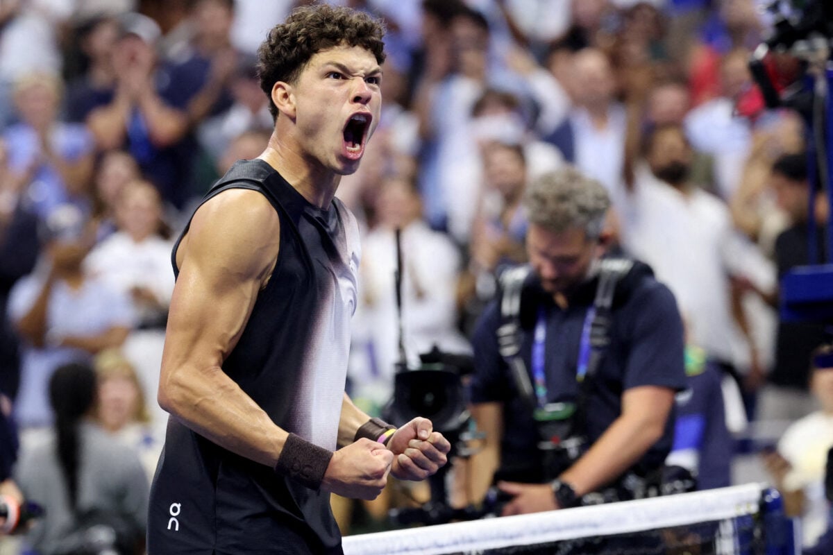 Tennis - U.S. Open - Flushing Meadows, New York, United States - September 9, 2026 Ben Shelton of the U.S. celebrates winning his quarter-final match against Spain's Carlos Alcaraz IMAGN IMAGES via Reuters/Geoff Burke TPX IMAGES OF THE DAY