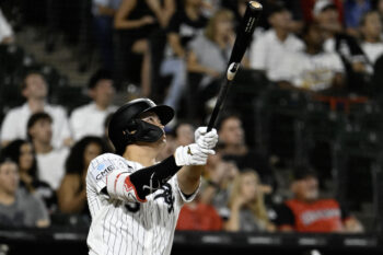 Sep 9, 2026; Chicago, Illinois, USA;  Chicago White Sox first baseman Munetaka Murakami (5) watches his home run during the eighth inning against the Pittsburgh Pirates at Rate Field.  Mandatory Credit: Matt Marton-Imagn Images