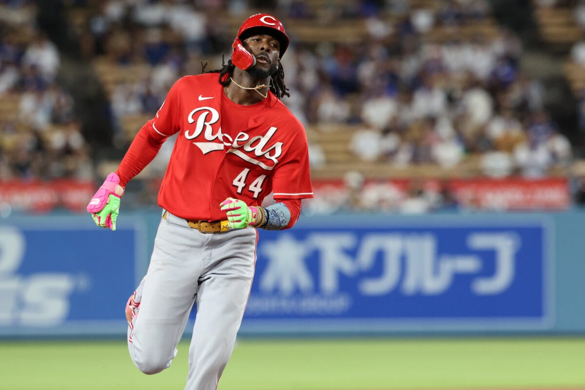 Sep 9, 2026; Los Angeles, California, USA;  Cincinnati Reds shortstop Elly de la Cruz (44) runs around bases after hitting a home run during the fourth inning against the Los Angeles Dodgers at Dodger Stadium. Mandatory Credit: Kiyoshi Mio-Imagn Images