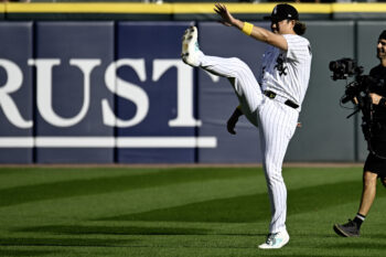 Sep 6, 2026; Chicago, Illinois, USA; Chicago White Sox first baseman Munetaka Murakami (5) warms up before the game against the Minnesota Twins at Rate Field. Mandatory Credit: Matt Marton-Imagn Images