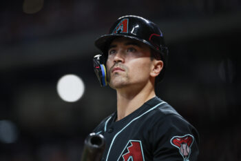 Sep 5, 2026; Houston, Texas, USA;  Arizona Diamondbacks right fielder Corbin Carroll (7) on deck against the Houston Astros in the first inning at Daikin Park. Mandatory Credit: Thomas Shea-Imagn Images