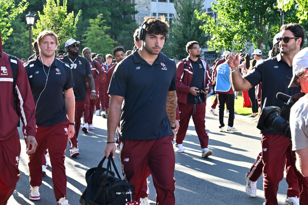 Sep 11, 2026; Chestnut Hill, Massachusetts, USA; Boston College Eagles quarterback Mason McKenzie (10) does the Eagle Walk to Alumni Stadium before a game against the Rutgers Scarlet Knights. Mandatory Credit: Eric Canha-Imagn Images