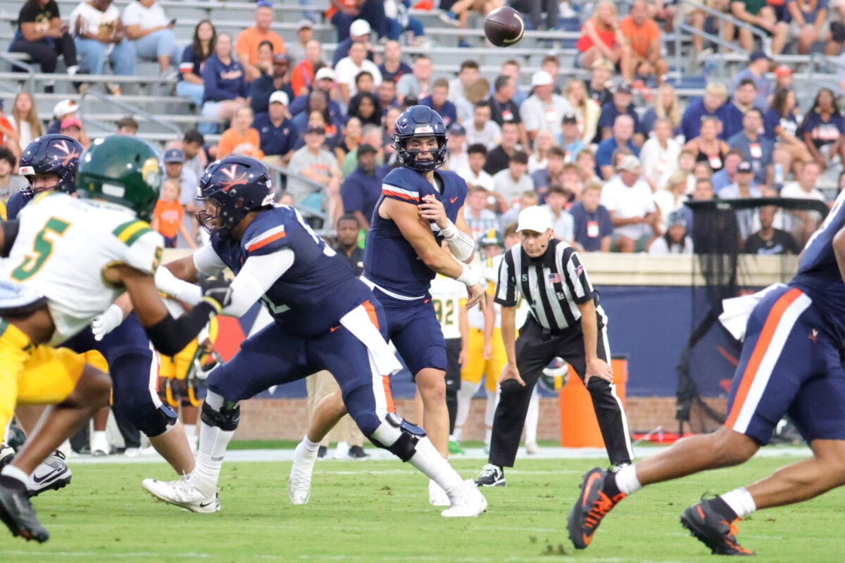 Sep 11, 2026; Charlottesville, Virginia, USA;  Virginia Cavaliers quarterback Beau Pribula (7) throws a pass during the first quarter against the Norfolk State Spartans at Scott Stadium.  Mandatory Credit: Amber Searls-Imagn Images