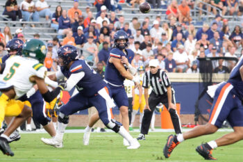 Sep 11, 2026; Charlottesville, Virginia, USA;  Virginia Cavaliers quarterback Beau Pribula (7) throws a pass during the first quarter against the Norfolk State Spartans at Scott Stadium.  Mandatory Credit: Amber Searls-Imagn Images