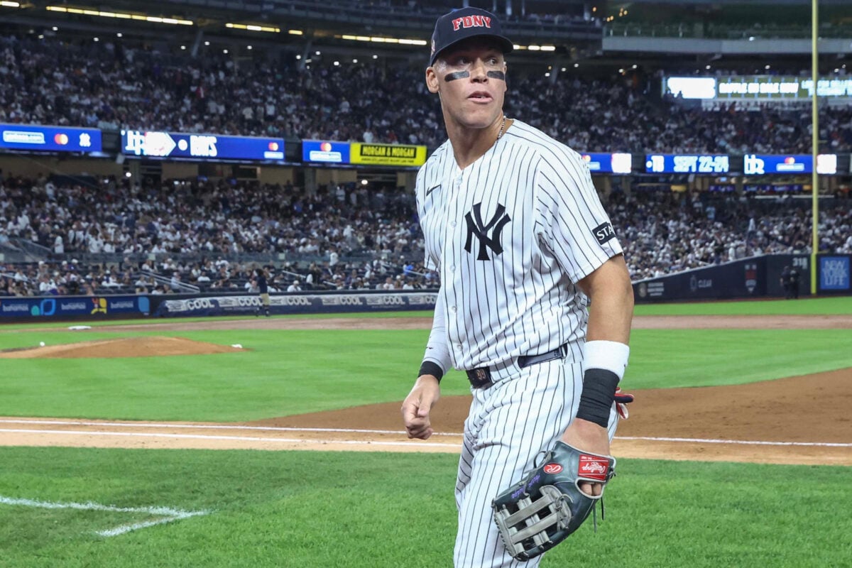 Sep 11, 2026; Bronx, New York, USA;  New York Yankees right fielder Aaron Judge (99) runs back to the dugout in the sixth inning against the New York Mets at Yankee Stadium.  Mandatory Credit: Wendell Cruz-Imagn Images