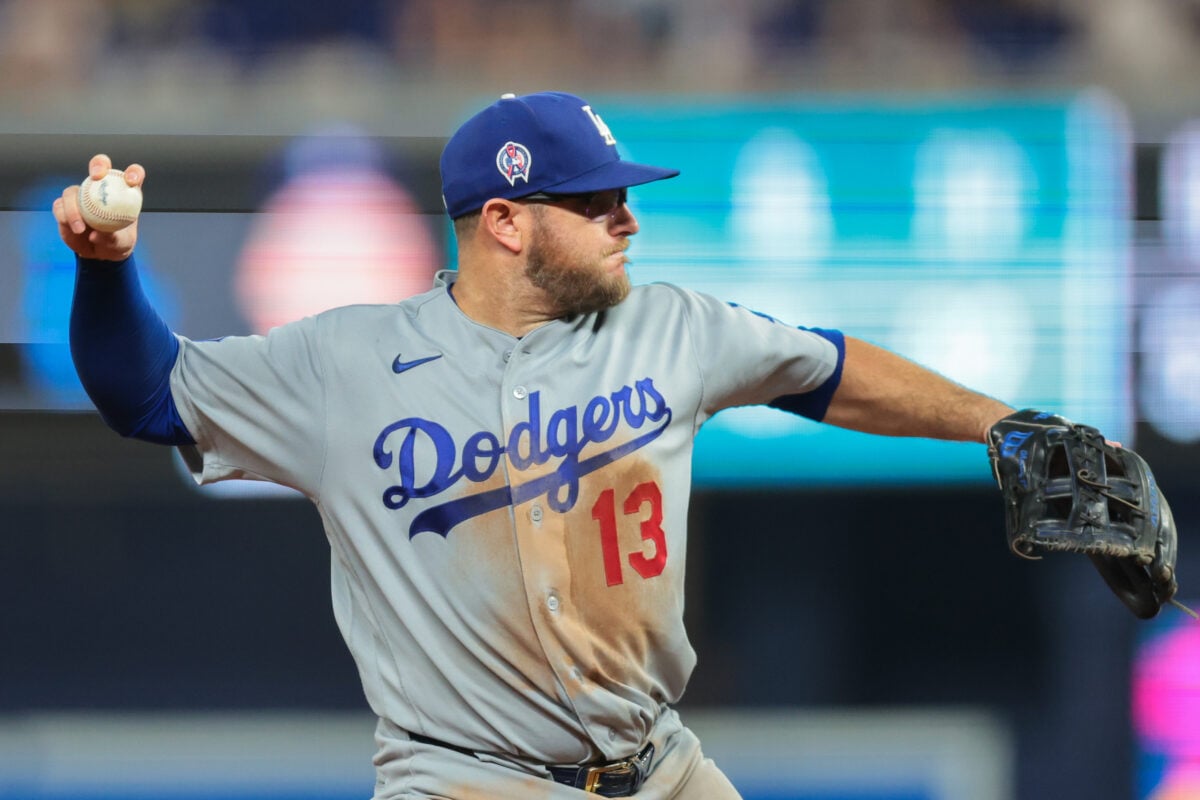 Sep 11, 2026; Miami, Florida, USA; Los Angeles Dodgers third baseman Max Muncy (13) throws to first base to retire Miami Marlins shortstop Otto Lopez (not pictured) during the sixth inning at loanDepot Park. Mandatory Credit: Sam Navarro-Imagn Images