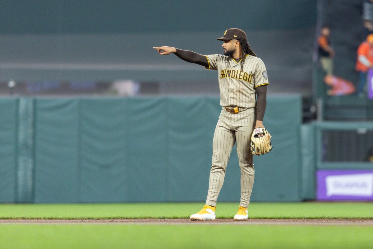 Sep 11, 2026; San Francisco, California, USA;  San Diego Padres right fielder Fernando Tatis Jr. (23) at second base during the first inning against the San Francisco Giants at Oracle Park.  Mandatory Credit: Bob Kupbens-Imagn Images