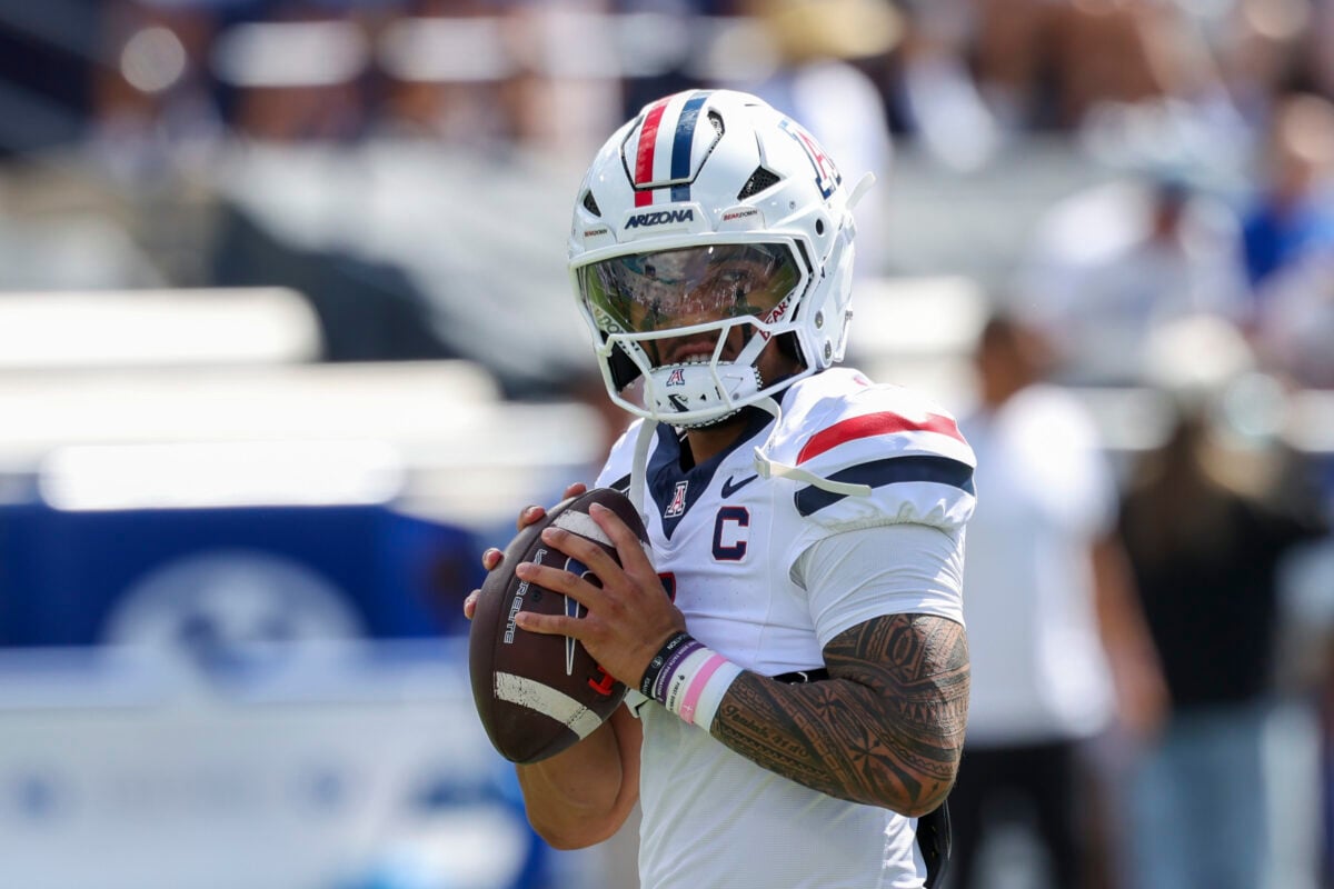 Sep 12, 2026; Provo, Utah, USA;  Arizona Wildcats quarterback Noah Fifita (1) warms up prior to a game against the BYU Cougars at LaVell Edwards Stadium.  Mandatory Credit: Rob Gray-Imagn Images