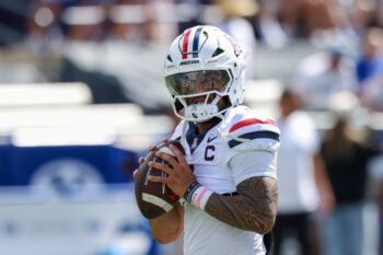 Sep 12, 2026; Provo, Utah, USA;  Arizona Wildcats quarterback Noah Fifita (1) warms up prior to a game against the BYU Cougars at LaVell Edwards Stadium.  Mandatory Credit: Rob Gray-Imagn Images