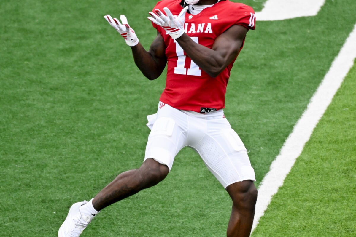 Sep 12, 2026; Bloomington, Indiana, USA; Indiana Hoosiers wide receiver Nick Marsh (11) catches a pass that he would run in for a touchdown against the Howard Bison during the second half at Merchants Bank Field at Memorial Stadium. Mandatory Credit: Robert Goddin-Imagn Images