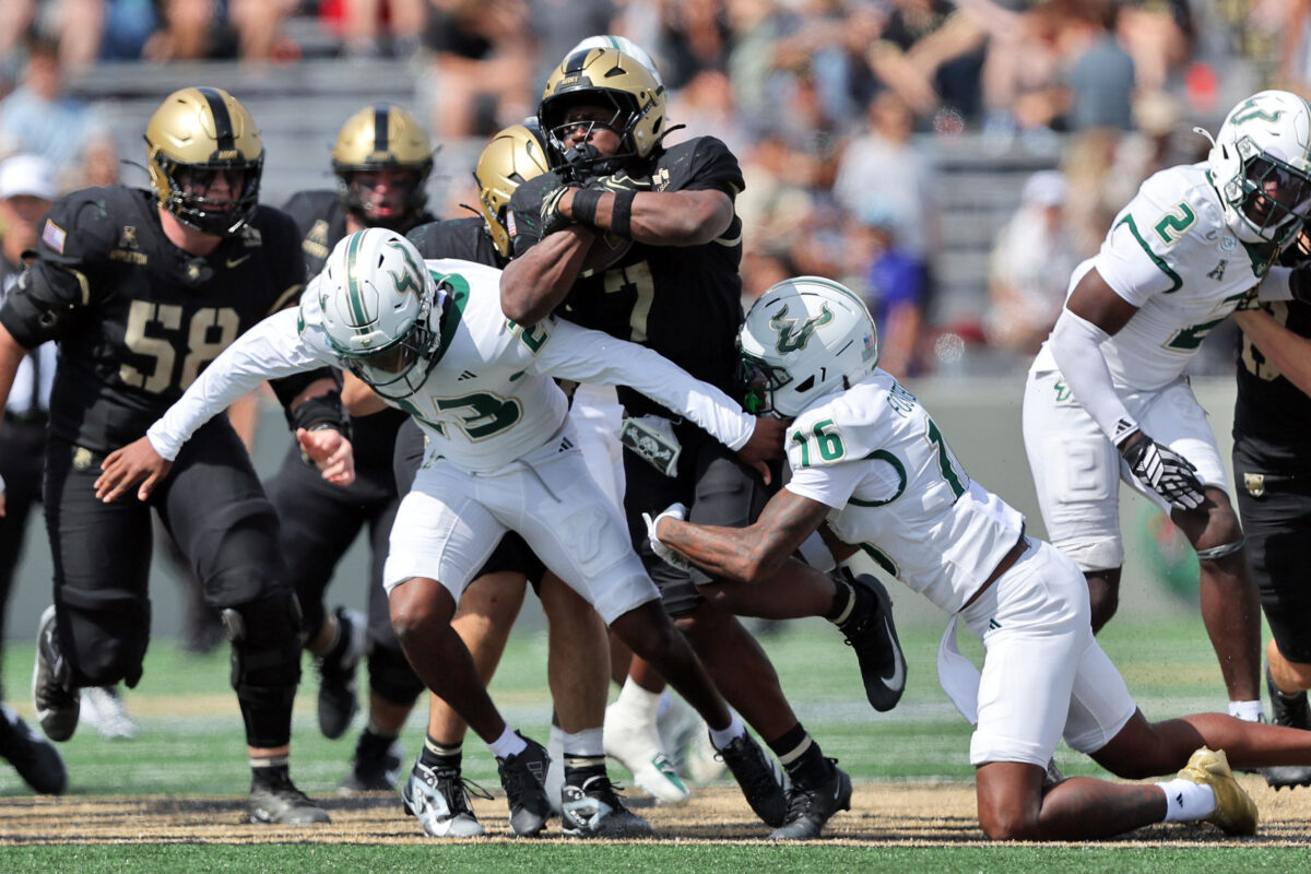 Sep 12, 2026; West Point, New York, USA; Army Black Knights running back Godspower Nwawuihe (7) runs the ball against the South Florida Bulls during the second half at Michie Stadium. Mandatory Credit: Danny Wild-Imagn Images