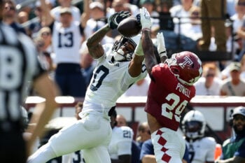 Sep 12, 2026; Philadelphia, Pennsylvania, USA;  Penn State Nittany Lions wide receiver Chase Sowell (0) attempts to make a catch that would fall incomplete during the third quarter against the Temple Owls at Lincoln Financial Field.  Mandatory Credit: Matthew O'Haren-Imagn Images
