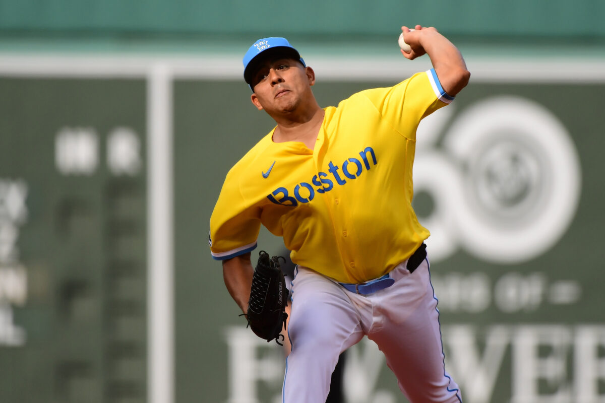 Sep 12, 2026; Boston, Massachusetts, USA; Boston Red Sox starting pitcher Ranger Suarez (55) throws a pitch during the first inning against the Kansas City Royals at Fenway Park. Mandatory Credit: Bob DeChiara-Imagn Images