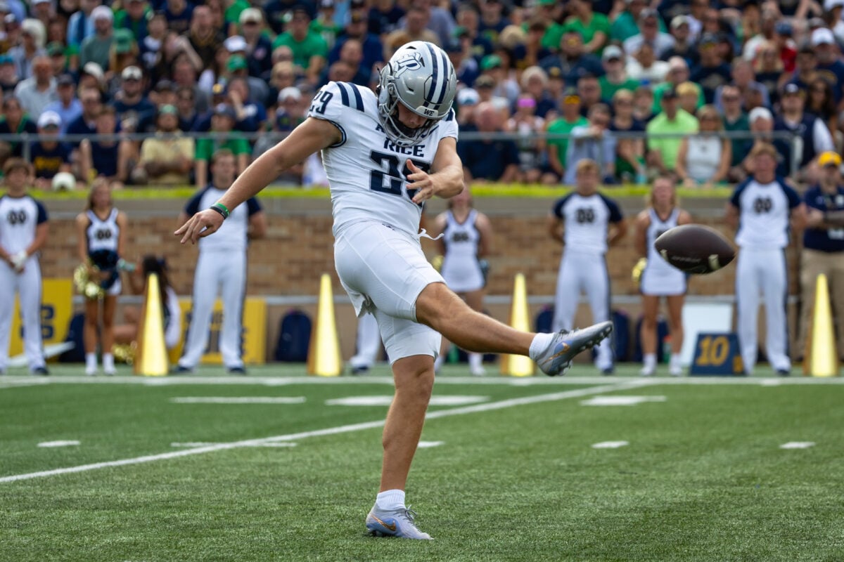 Sep 12, 2026; South Bend, Indiana, USA; Rice Owls kicker Charlie Durkin (29) punts against the Notre Dame Fighting Irish during the first half at Notre Dame Stadium. Mandatory Credit: Michael Caterina-Imagn Images