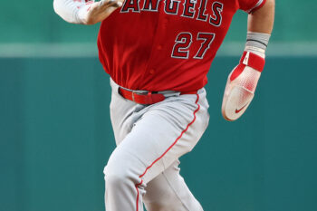 Sep 12, 2026; Washington, District of Columbia, USA;  Los Angeles Angels center fielder Mike Trout (27) scores during the eighth inning against the Washington Nationals at Nationals Park.  Mandatory Credit: Daniel Kucin Jr.-Imagn Images