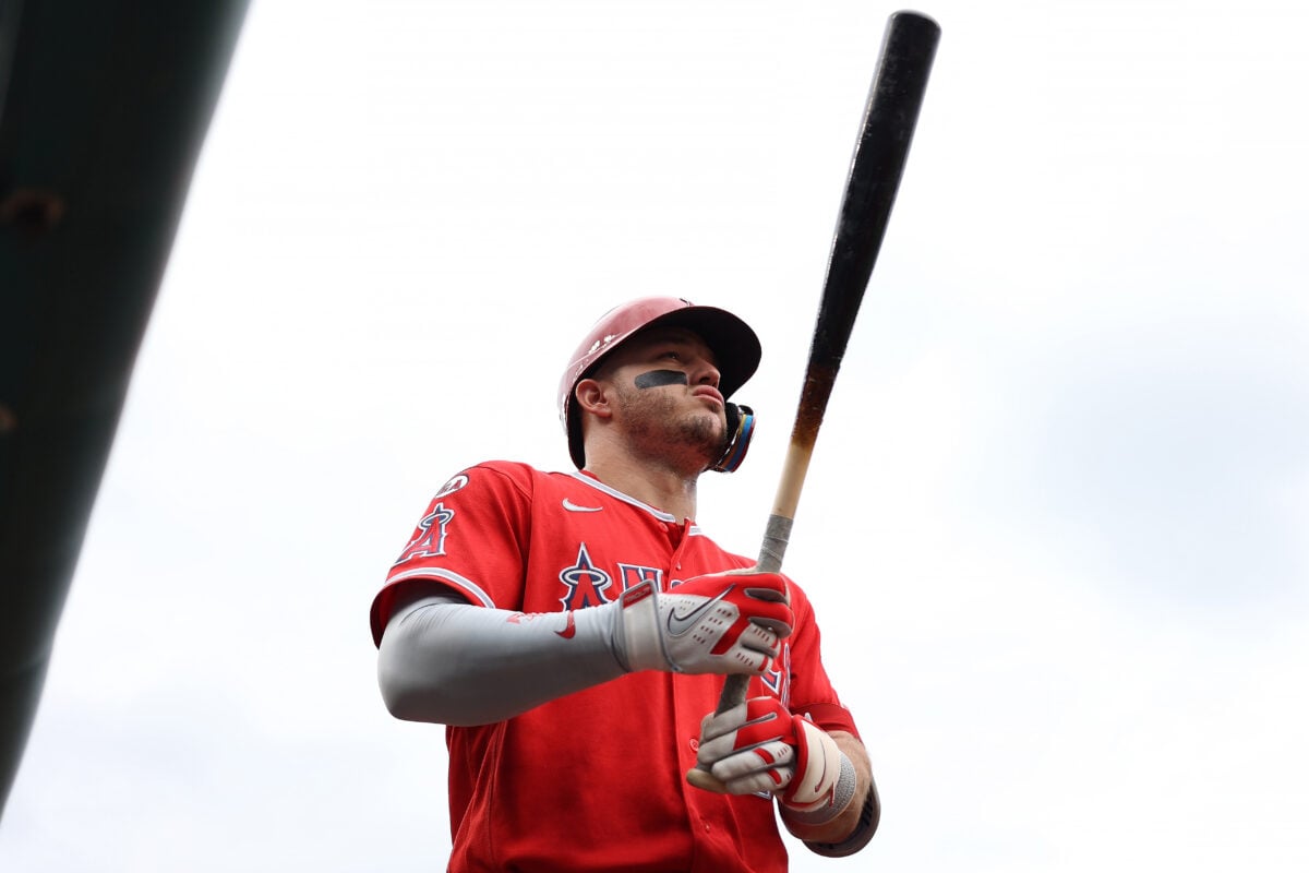 Sep 12, 2026; Washington, District of Columbia, USA;  Los Angeles Angels center fielder Mike Trout (27) looks on during the first inning against the Washington Nationals at Nationals Park.  Mandatory Credit: Daniel Kucin Jr.-Imagn Images