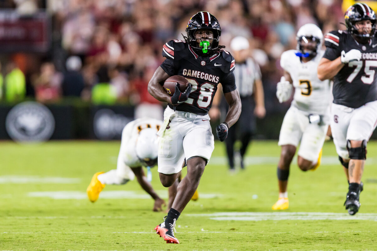 Sep 12, 2026; Columbia, South Carolina, USA; South Carolina Gamecocks running back Matt Fuller (28) rushes for a 55-yard touchdown against the Towson Tigers in the second quarter at Williams-Brice Stadium. Mandatory Credit: Jeff Blake-Imagn Images
