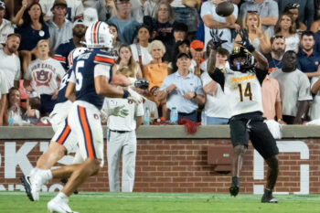 Southern Miss Golden Eagles running back Steven Robinson (14) catches a touchdown pass as Auburn Tigers take on Southern Miss Golden Eagles at Jordan-Hare Stadium in Auburn, Ala. on Saturday, Sept. 12, 2026. Auburn Tigers lead Southern Miss Golden Eagles 27-8 at halftime.