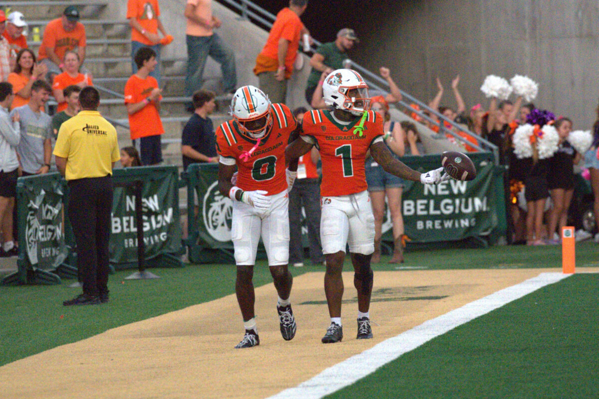 Colorado State football players RJ Vick (0) and Mel Brown (1) celebrate a TD during the Ag Day game against Southern Utah on Sept. 12, 2026.