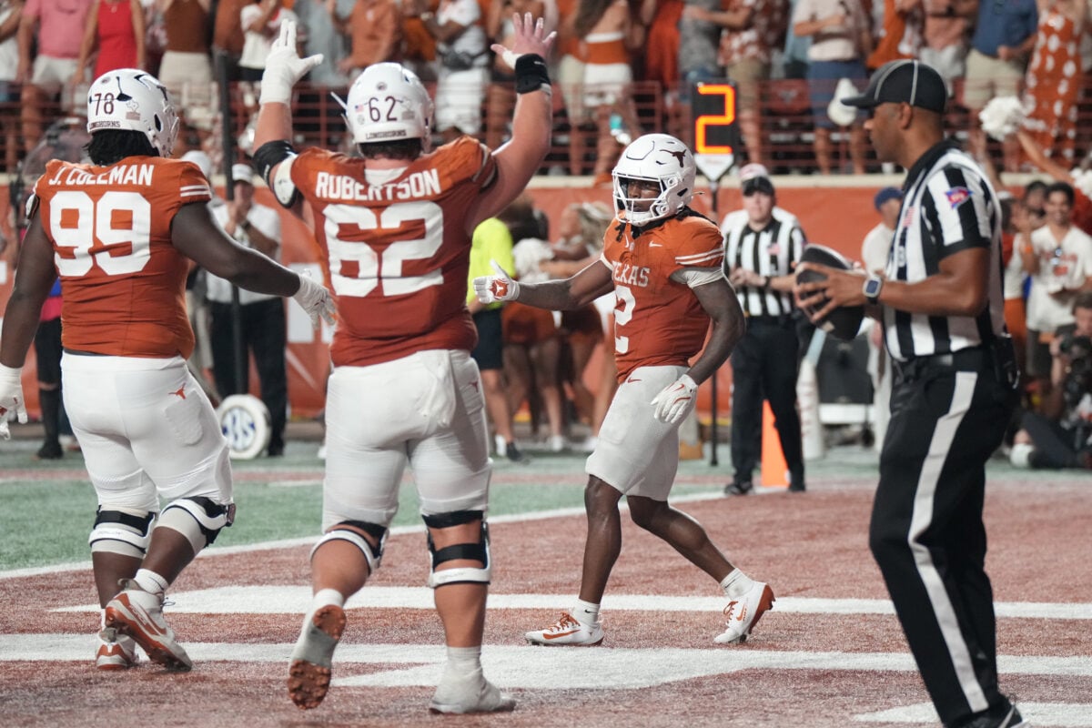 Sep 12, 2026; Austin, Texas, USA; Texas Longhorns running back Hollywood Smothers (2) celebrates after scoring a touchdown against the Ohio State Buckeyes during the second half at Darrell K Royal-Texas Memorial Stadium. Mandatory Credit: Scott Wachter-Imagn Images