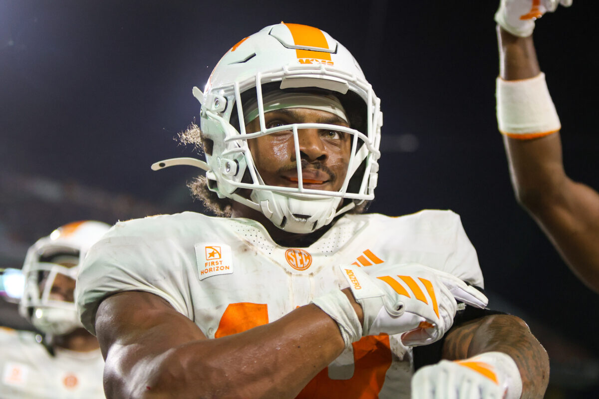 Sep 12, 2026; Atlanta, Georgia, USA; Tennessee Volunteers running back DeSean Bishop (18) celebrates after a touchdown run against the Georgia Tech Yellow Jackets in the fourth quarter at Bobby Dodd Stadium at Hyundai Field. Mandatory Credit: Brett Davis-Imagn Images