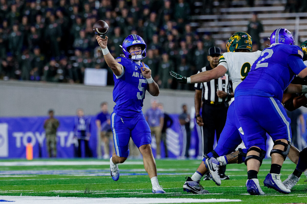 Sep 12, 2026; Colorado Springs, Colorado, USA; Air Force Falcons quarterback Evan Medders (5) attempts a pass in the fourth quarter against the North Dakota State Bison at Falcon Stadium. Mandatory Credit: Isaiah J. Downing-Imagn Images
