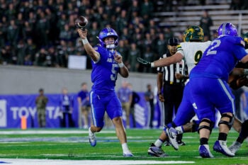 Sep 12, 2026; Colorado Springs, Colorado, USA; Air Force Falcons quarterback Evan Medders (5) attempts a pass in the fourth quarter against the North Dakota State Bison at Falcon Stadium. Mandatory Credit: Isaiah J. Downing-Imagn Images