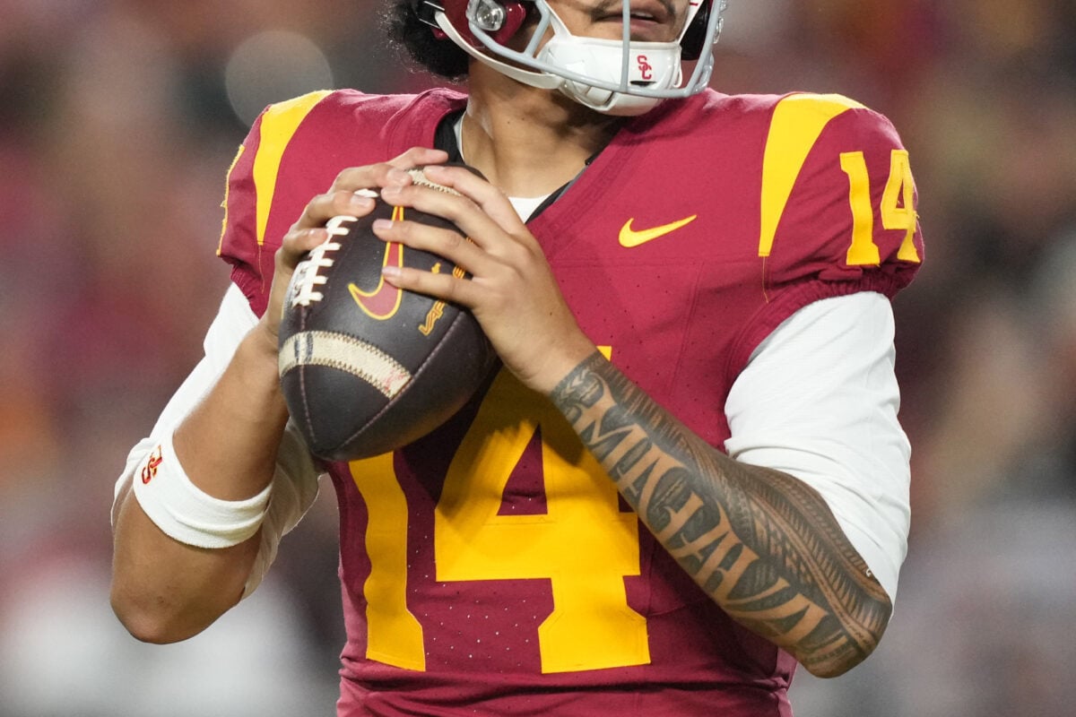 Sep 12, 2026; Los Angeles, California, USA; Southern California Trojans quarterback Jayden Maiava (14) throws the ball against the Louisiana Ragin' Cajuns in the first half at United Airlines Field at Los Angeles Memorial Coliseum. Mandatory Credit: Kirby Lee-Imagn Images