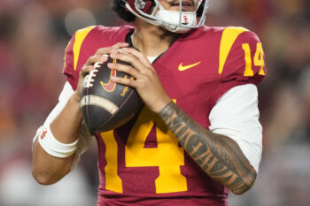 Sep 12, 2026; Los Angeles, California, USA; Southern California Trojans quarterback Jayden Maiava (14) throws the ball against the Louisiana Ragin' Cajuns in the first half at United Airlines Field at Los Angeles Memorial Coliseum. Mandatory Credit: Kirby Lee-Imagn Images