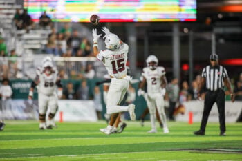 Sep 12, 2026; Honolulu, Hawaii, USA;  New Mexico State Aggies tight end Josiah Thomas (15) makes a catch against the Hawaii Rainbow Warriors during the fourth quarter at the Clarence T.C. Ching Athletics Complex.  Mandatory Credit: Marco Garcia-Imagn Images